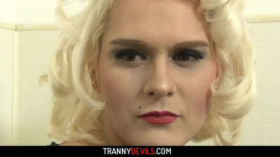 Blonde shemale escrot Isabella Sorrenti gives a gloryhole blowjob and gets doggystyle anal a