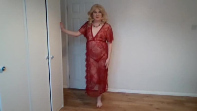 See-through red nightdress and no panties