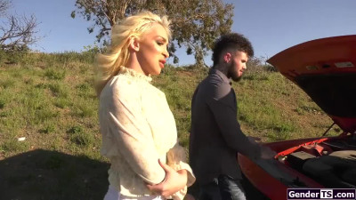 Big tit shemales reward a guy with blowjob and bareback anal