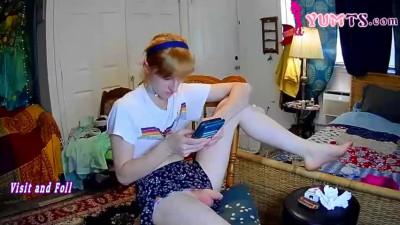 thin American shemale strokes her cock on webcam