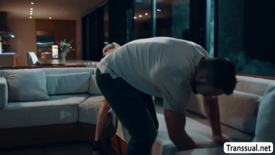Stepson barebacks TS stepmom after he help her find her ring