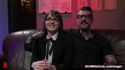 Shemale deep throats tattooed cock to her master