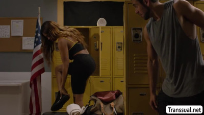Ebony TS gets bareback fucked by Horny dude in locker room