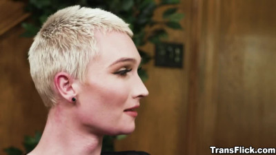 Sexy short haired blonde trans woman sucking and riding studs dick