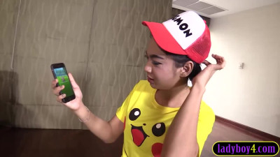 Pikachu Thai ladyboy teen cutie Yoyo POV blowjob and hard anal pounding