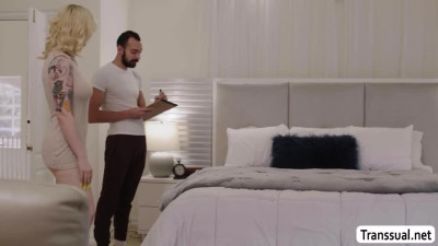 Busty shemale throats and barebacks the ass of delivery boy