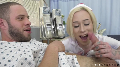 Skinny TS tattooed nurse in nylons fucked by her patient