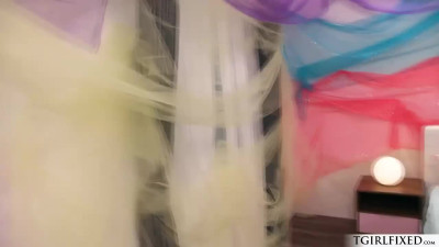Busty and smalltits tgirls roommates bareback anal threesome