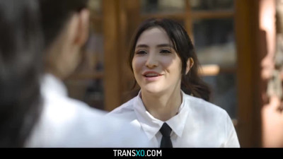 Shemale Khloe Kay licks and fucks her coworkers pussy