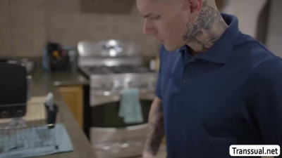 Trans licks and barebacks the ass of the guy plumber so hard