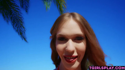 Skinny redhead tranny Crystal Thayer licked and fucked by a big cocked dude