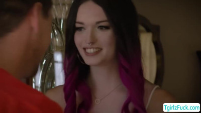Small tits ts Natalie Stone ass rimming and barebacked anal