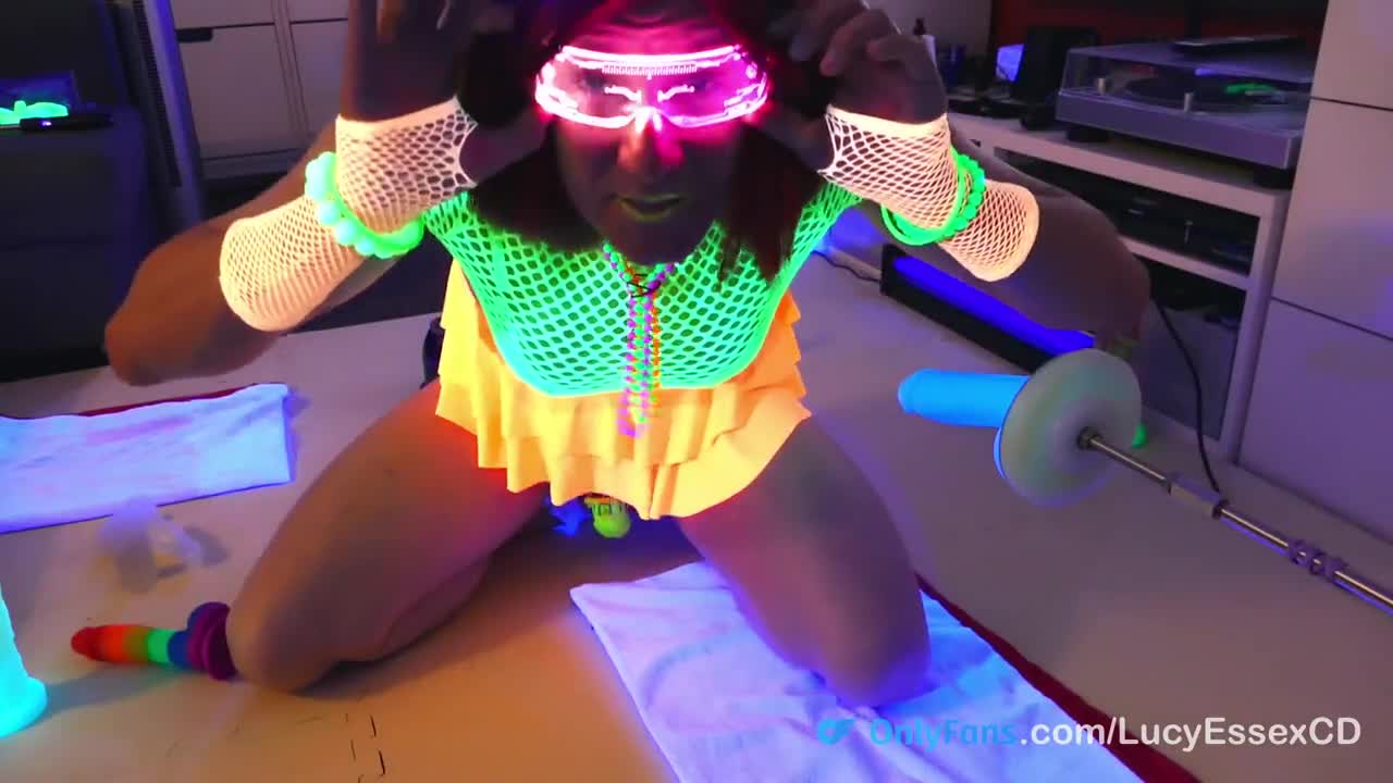 Watch TGirl Lucy glow in the dark chastity and fucked by glowing blue dildo Shemale Porn Videos | TranSexBig.