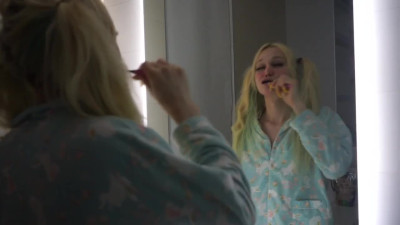Blonde sissy thoroughly brushes her teeth to polish the dirt off of daddy's cock
