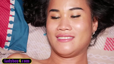 Cute Asian ladyboy trans Green with nice titties fucks guy anal bareback