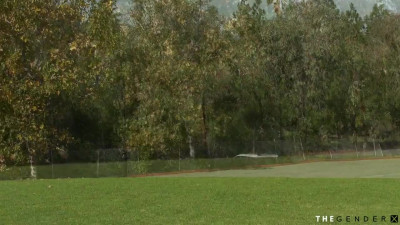 Tattooed blonde tgirl gets breeded from behind in the gym