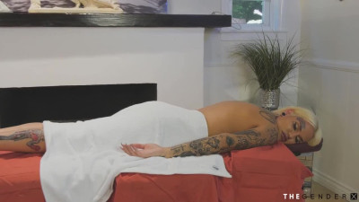 Inked busty shemale gives blowjob before breeded by masseur