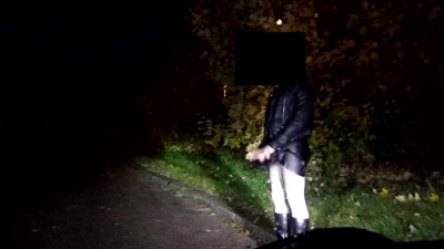Crossdresser show her erection. Public masturbation in boots and pantyhose