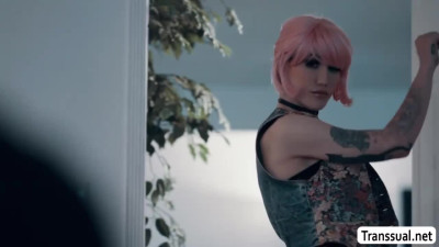 Busty shemale pink haired anal fucked by her stepbrother