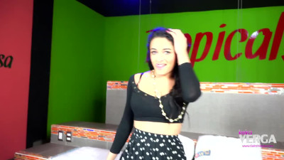 Hung and busty and stripping off her short skit