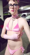 Sissy femboy walking around in tiny pink bikini in public