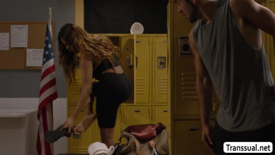 Sexy ebony TS gets analed inside the cr of the gym