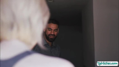Slim blonde tbabe Ella Hollywood comforts sepdad with a blowjob