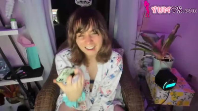 slim American trans cutie with small boobs strokes her cock on webcam