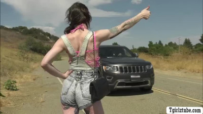 TS hitch hiker Lena Moon gets her ass barebacked by big cock