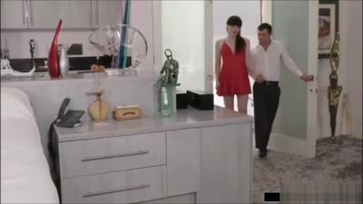 Gorgeous shemale in red dress sucks cock and fucked