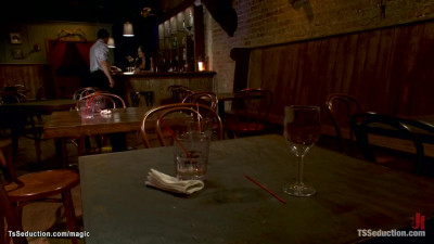 Banker fucked by busty TS bartender
