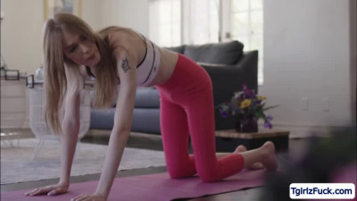 Slim ts Crystal Thayer kneels down to suck stepbros rock hard cock
