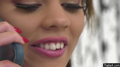 A sexy petite ts babysitter Kate Zoha sucks and takes a stiff cock