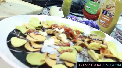 Lovely Asian ladyboy jolting off to jizz on a food plate