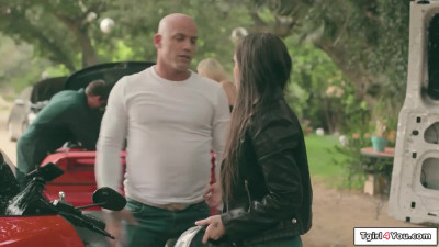 Busty trans Aubrey Kate fucks a biker girls pussy outdoors
