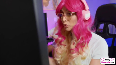 Busty gamer tgirl Aubrey Kate sucks cock and gets barebacked