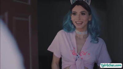 Horny shemale lets her new roommate toy and fuck her wet ass
