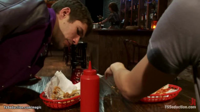 TS bartender fucks bound sportsmen