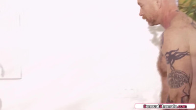 Busty tgirls Aubrey Kate and Chanel Santini fuck a trans man