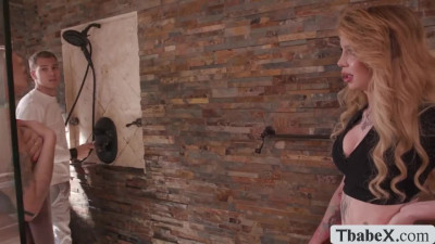 Two busty shemales gets analed by lucky plumber
