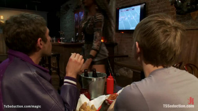 Busty shemale bartender fuck two men