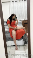Sexy girl in hot red dress with very hard curved cock cums in mirror