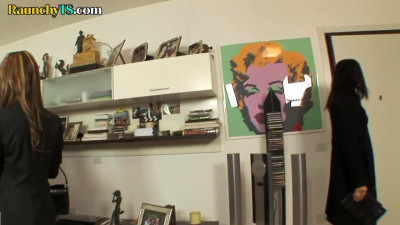 Business tgirls fuck boyfriend in this erotic threesome