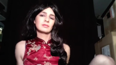 White Sissy CD In Asian Ladyboy Dress Small cock