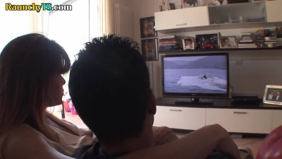 Fishnet tgirl jerks out cum during anal with her boyfriend