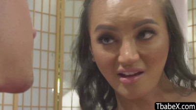 Asian tbabe Andea Zhay wets big stiff cock with a steamy blowjob