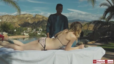 Busty blonde trans Casey Kisses barebacks a masseur out