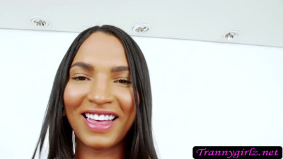 Latina TS Julie Rouch barebacked by cock