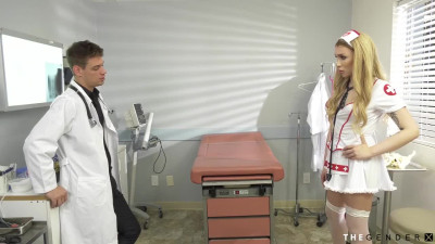 Busty trans nurse babe in uniform sucking and jerking cock