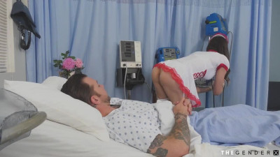 Busty trans nurse riding bareback cock during check up